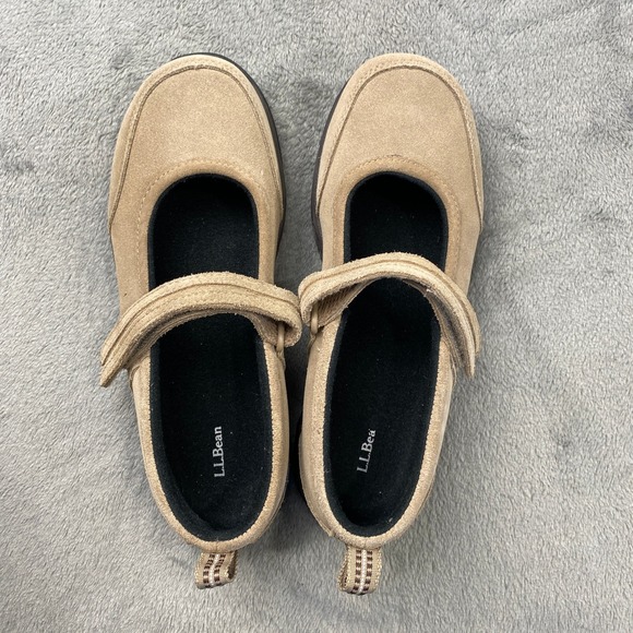 L.L. Bean Mary Jane Shoes Womens 8 Tan Suede Hook Loop 278614 Comfort Trail - Picture 9 of 10